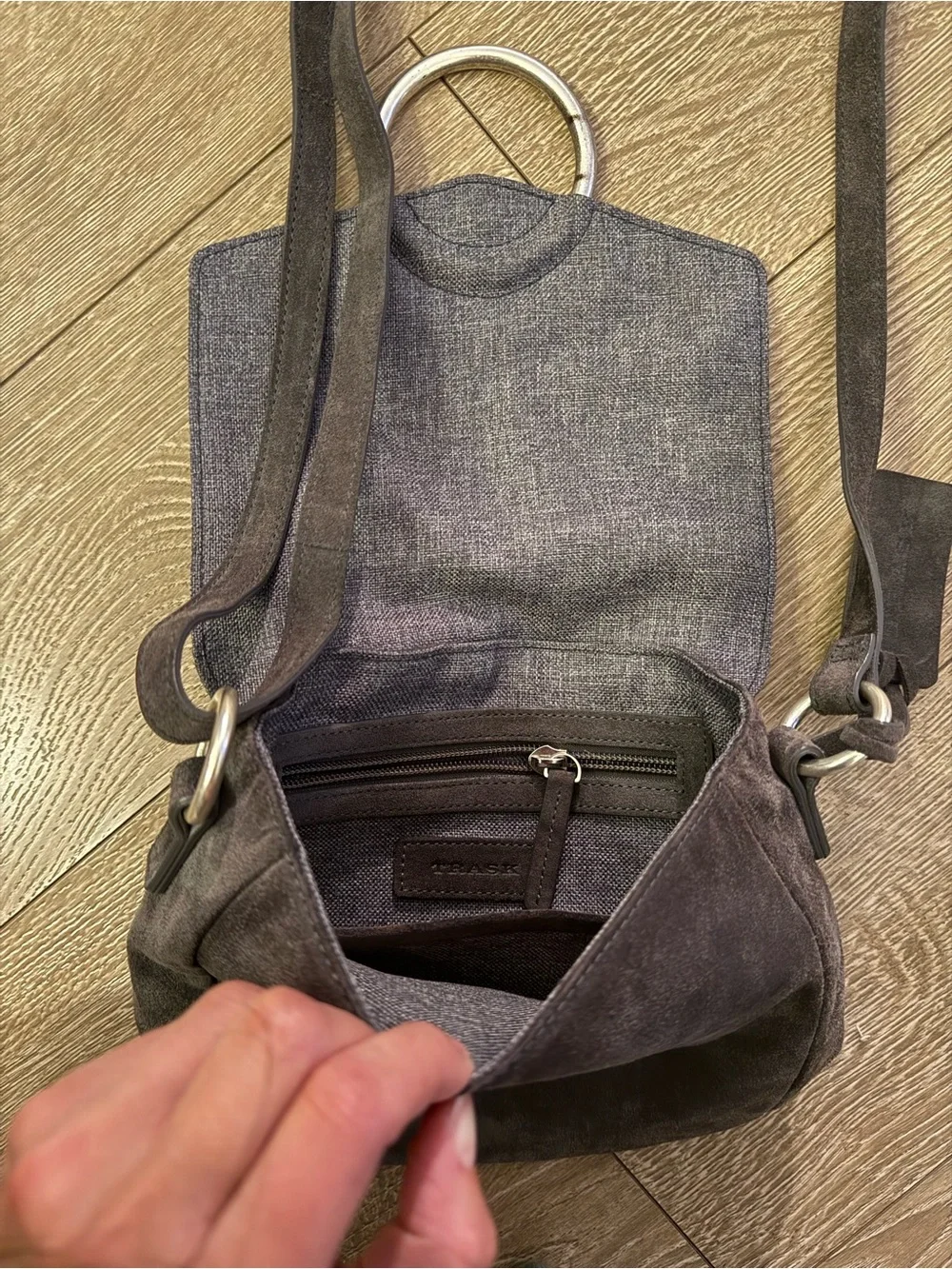 Trask Gray Suede & Leather O-Ring Flap Crossbody Bag